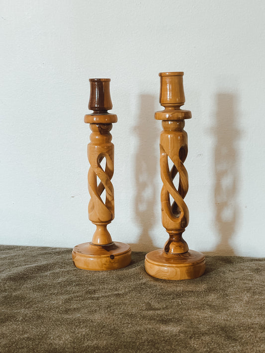 Carved Olive Wood Twisted Candlestick Holder sold as a pair of 2