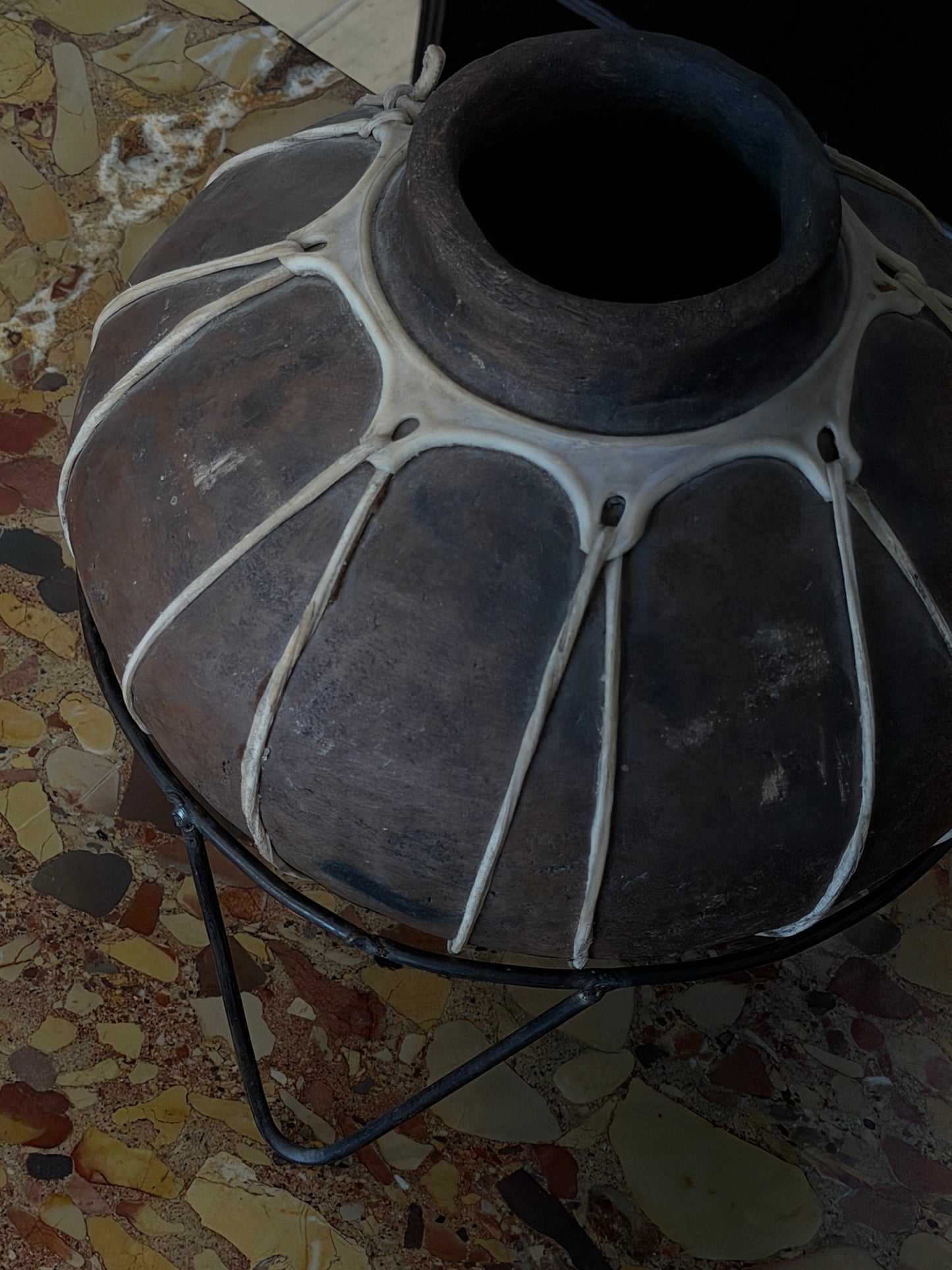 Tarahumara North Mexico Tribe Pottery with Stretched Raw Hide Design