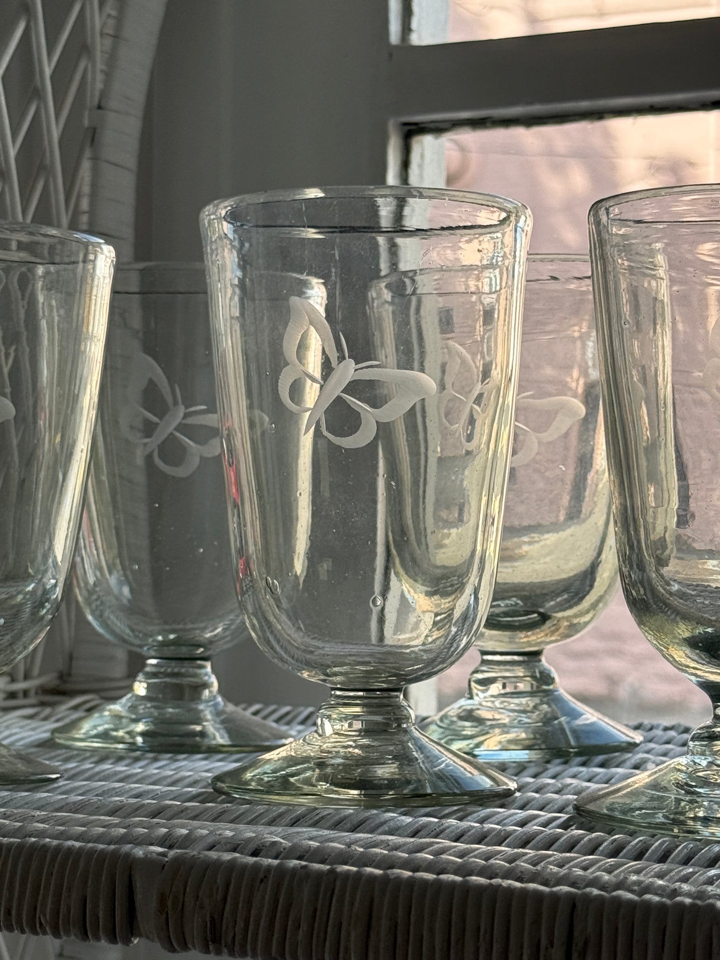 Glass Blown Butterfly Etched Chalice Glasses set of 6