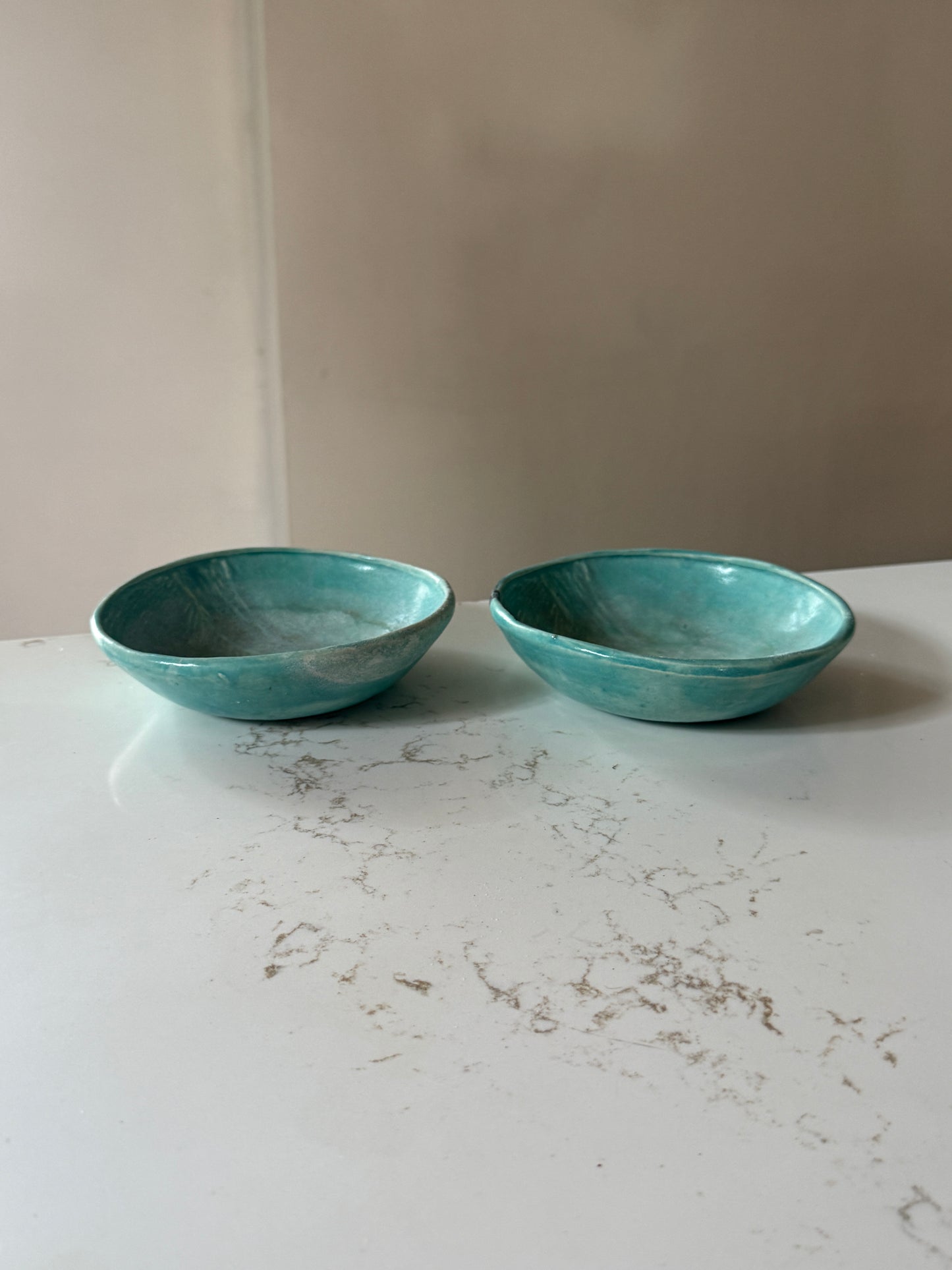 Pair of Handmade Teal Glazed Sculptured Bowls with Interior Designs