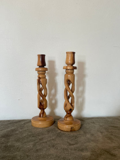 Carved Olive Wood Twisted Candlestick Holder sold as a pair of 2