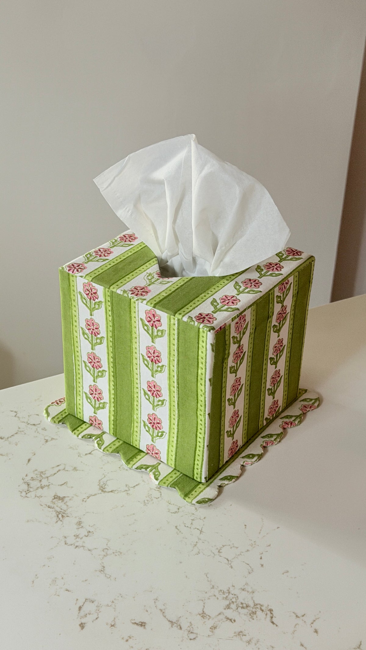 Garden Cottage Green & Pink Floral Inner Child Blockprint Hand Dyed Scallop Edge Tissue Box