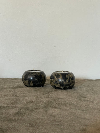 Pair of Black and Taupe Veined Marble Tea Light Candle Holders