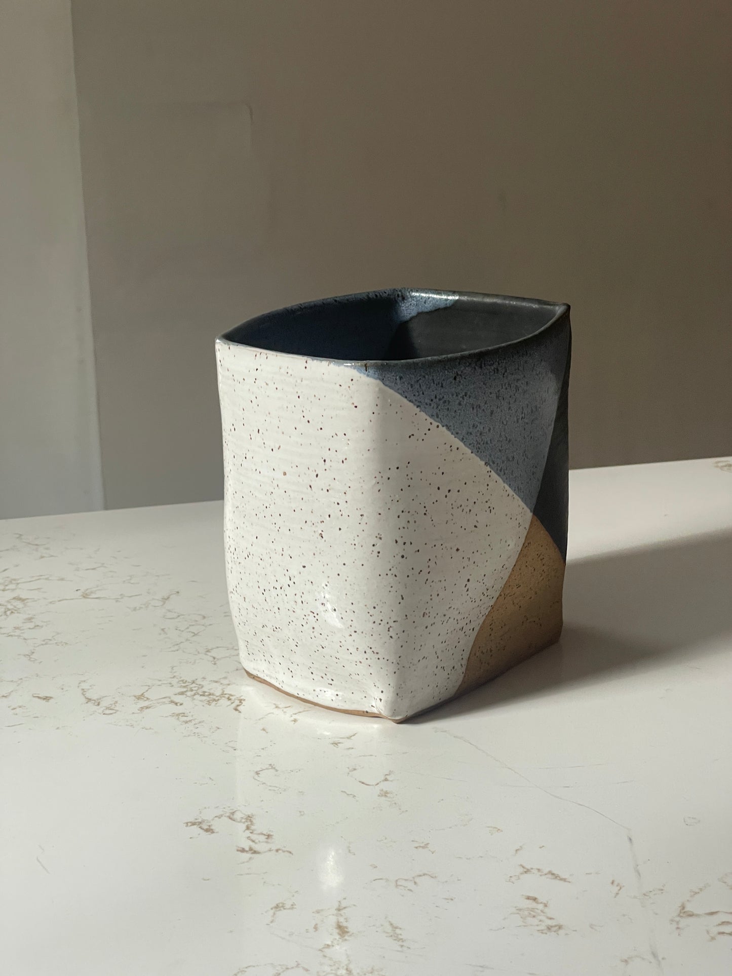 Hand Sculpted Blue Patchwork Chubby Vase Planter