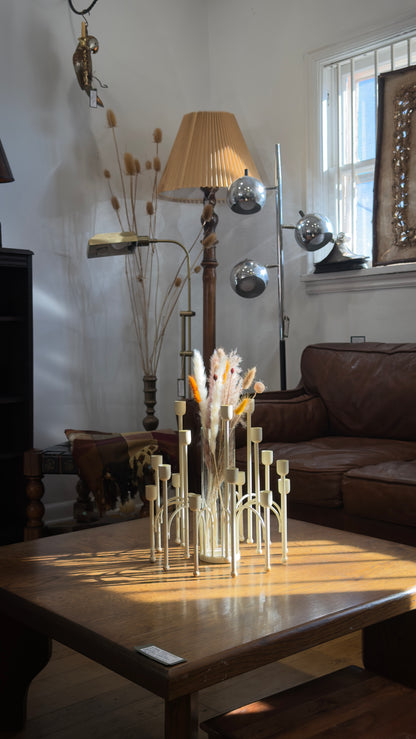 Vintage French Countryside White Metal 18 Head Candelabra with Glass Dry Vase Center