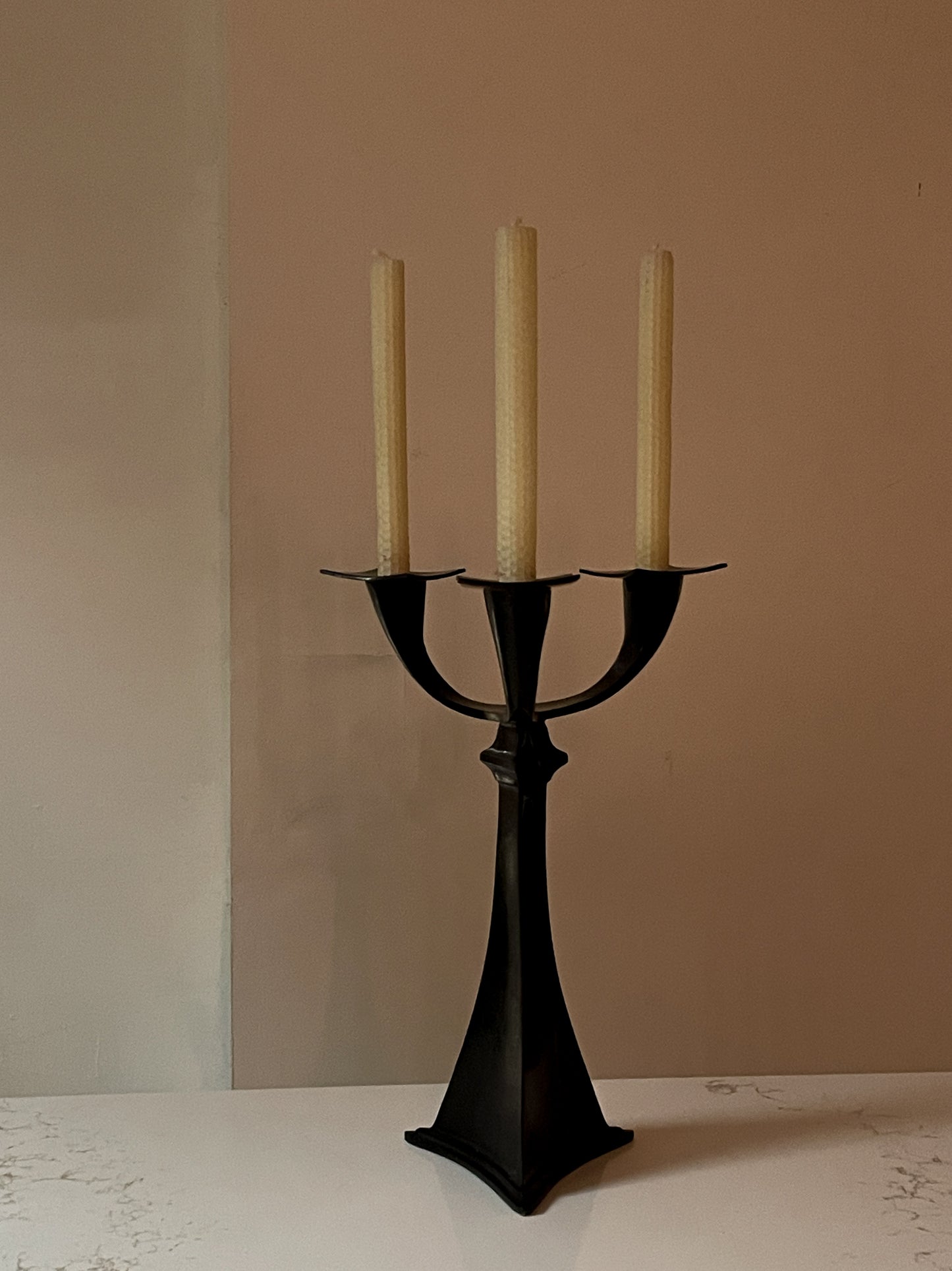 Angular Tri-Headed Black Brass Candelabra