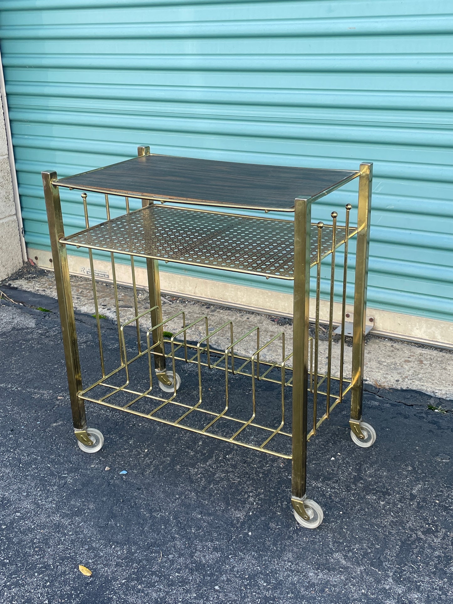 1950’s Rolling Entertainment Record Stand with Brass Cane Detail work