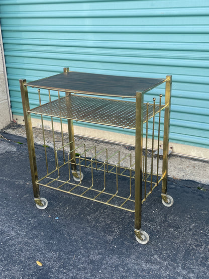 1950’s Rolling Entertainment Record Stand with Brass Cane Detail work