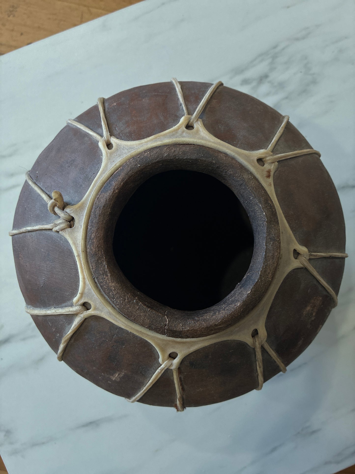 Tarahumara North Mexico Tribe Pottery with Stretched Raw Hide Design