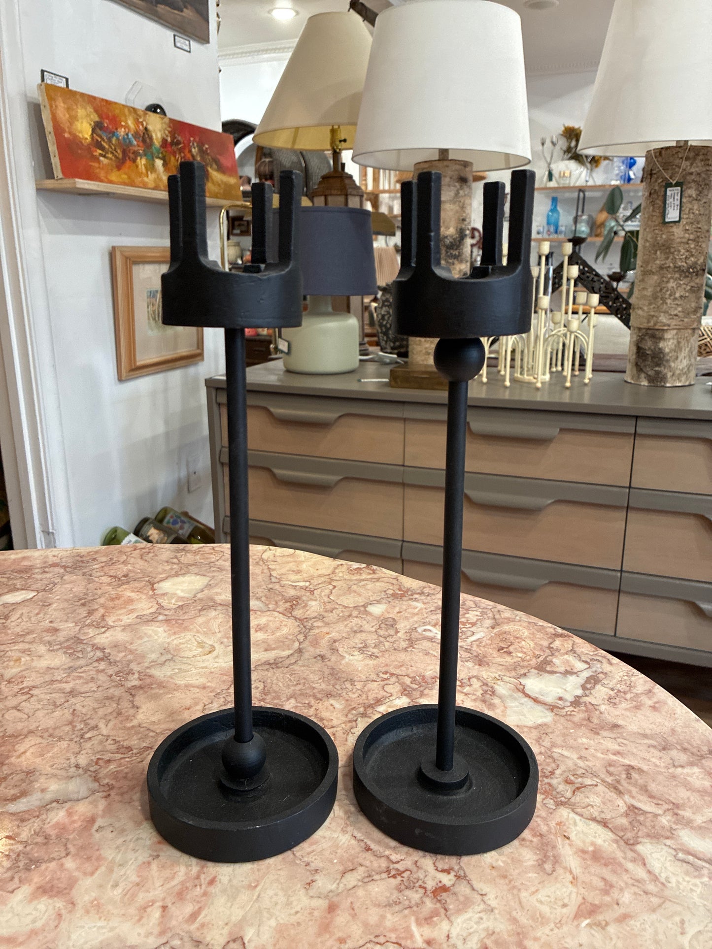 Pair of Vintage Iron Brutalist Van Keppel Green Inspired Candle Holders
