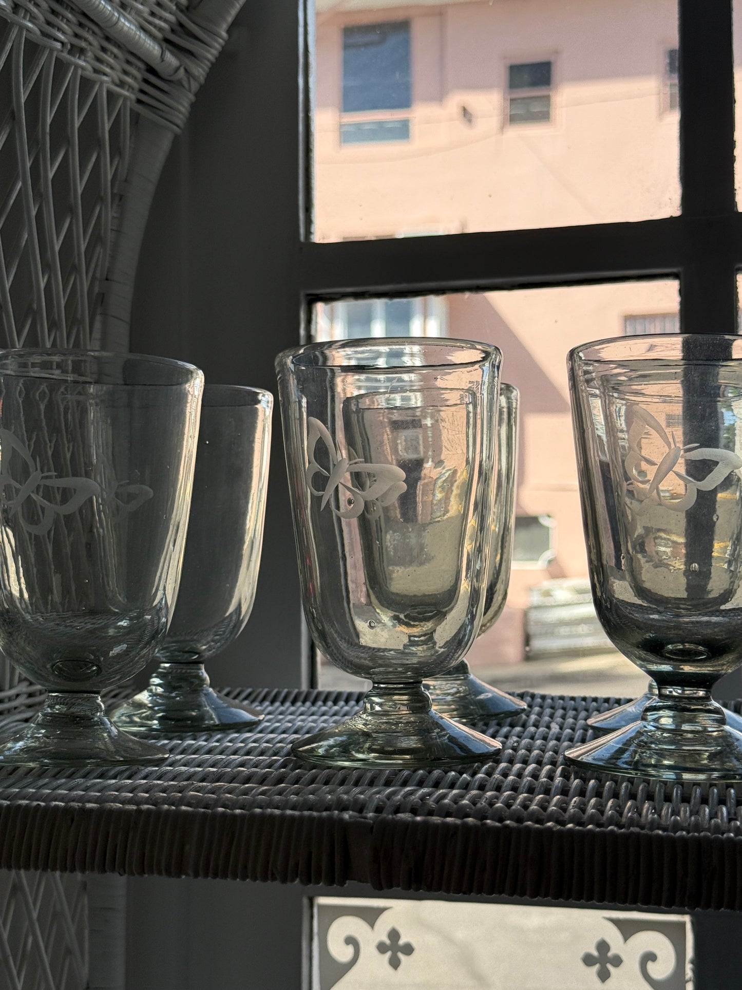 Glass Blown Butterfly Etched Chalice Glasses set of 6