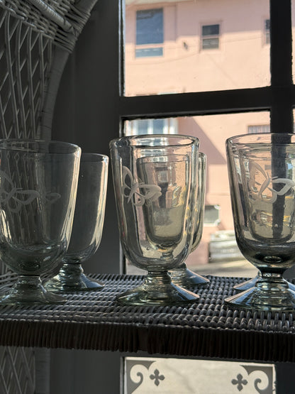 Glass Blown Butterfly Etched Chalice Glasses set of 6