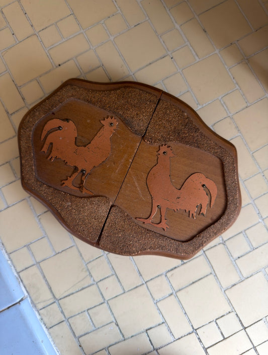 Vintage Trivet Hot Plate with Copper Rooster & Cork Detailing on Expanding Wood Base