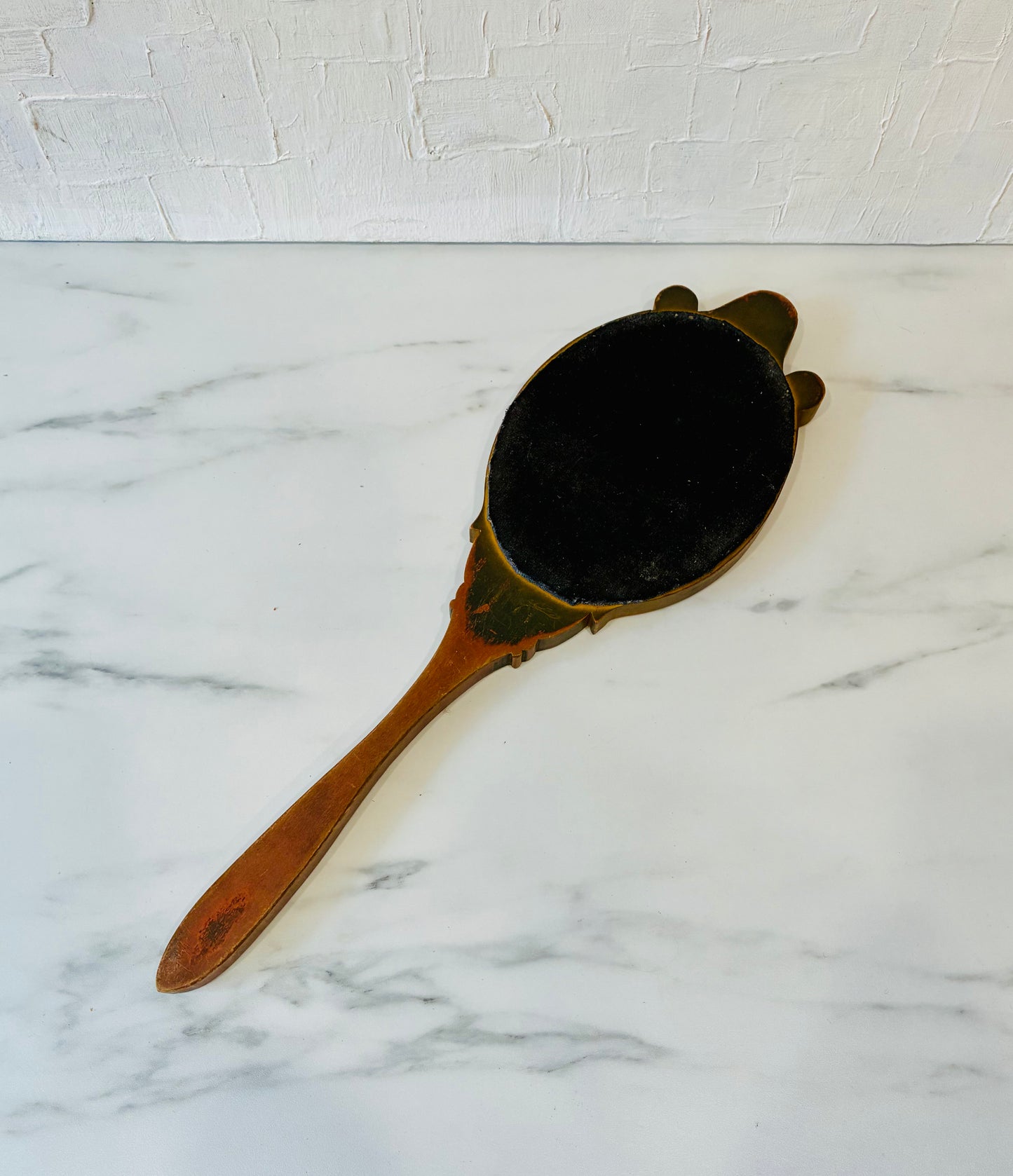 Antique Art Nouveau Carved Wood with Velvet Back Hand Mirror