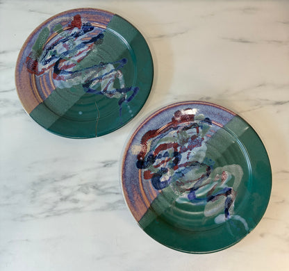 Pair of Bruce Larrabee, Park City Studio Plates, Teal Purple Glaze
