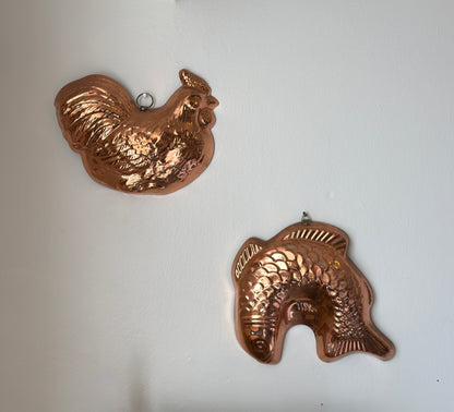 Vintage Copper Coated Tin Chicken Cooking Mold Wall Art