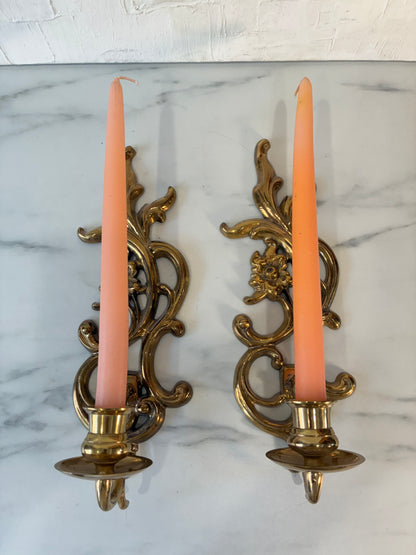 Pair of Vintage Solid Brass Floral Wall Candle Sconces