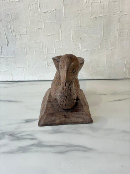 Primitive Wood Carved Folk Art Bird Figurine with Carved Bowl Back