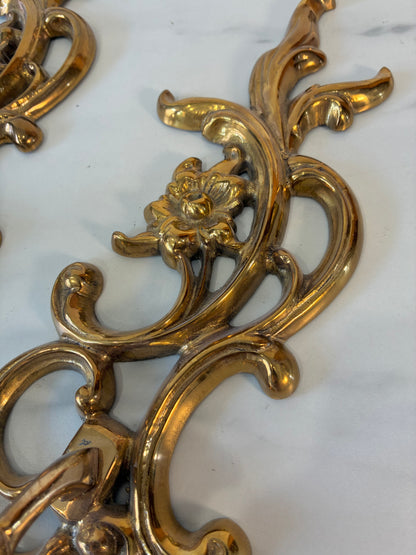 Pair of Vintage Solid Brass Floral Wall Candle Sconces