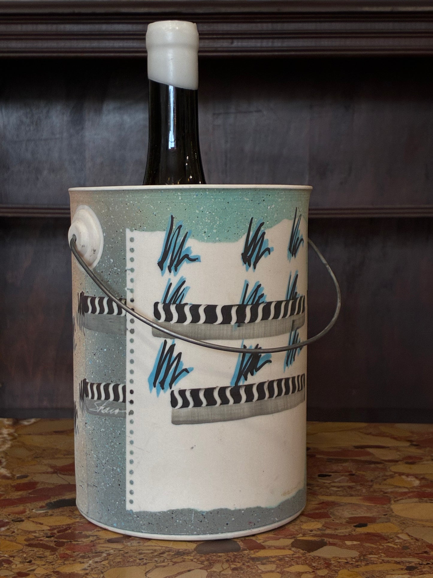 Handcrafted Teal, Black and White Abstract Ceramic Ice Bucket