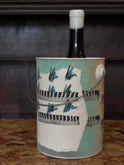 Handcrafted Teal, Black and White Abstract Ceramic Ice Bucket