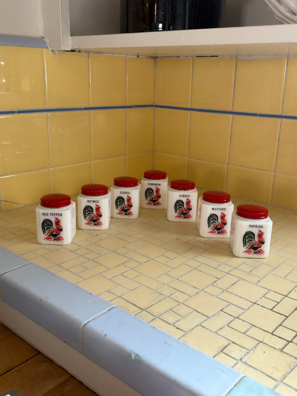 1930’ Milk Glass Mckee Tipp City 7-piece Red Rooster Spice Set