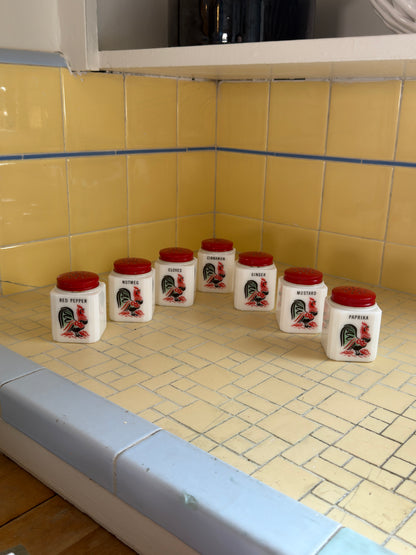 1930’ Milk Glass Mckee Tipp City 7-piece Red Rooster Spice Set