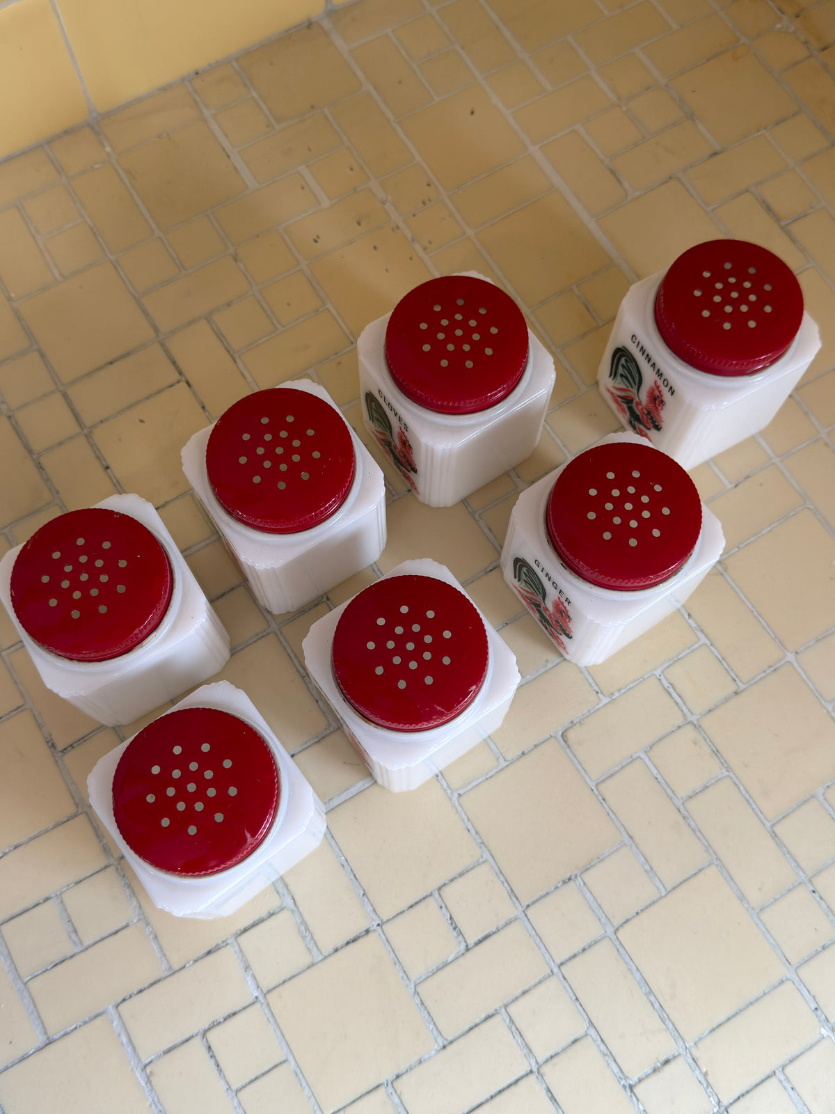 1930’ Milk Glass Mckee Tipp City 7-piece Red Rooster Spice Set