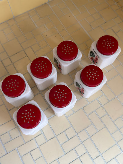 1930’ Milk Glass Mckee Tipp City 7-piece Red Rooster Spice Set
