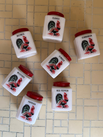 1930’ Milk Glass Mckee Tipp City 7-piece Red Rooster Spice Set