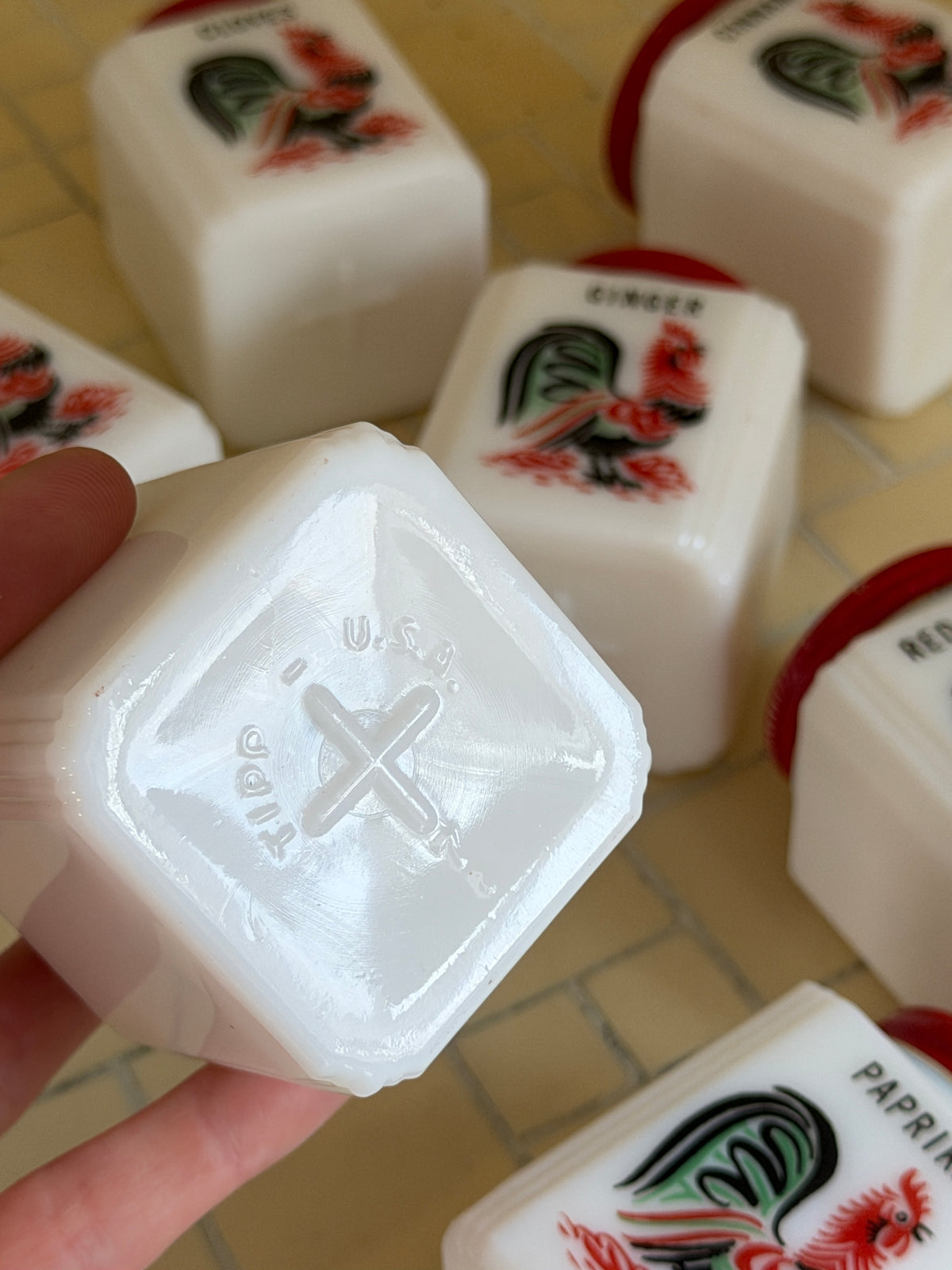 1930’ Milk Glass Mckee Tipp City 7-piece Red Rooster Spice Set