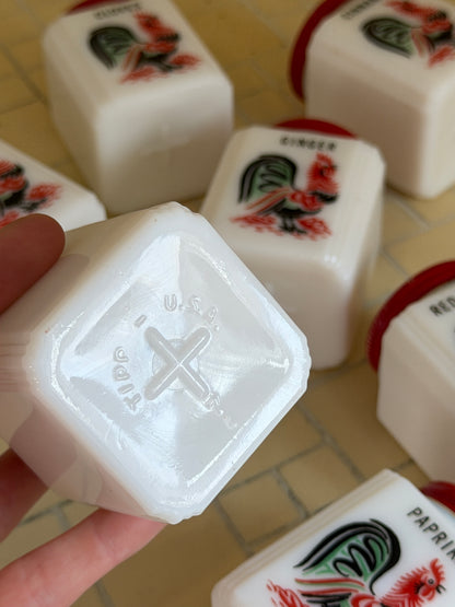 1930’ Milk Glass Mckee Tipp City 7-piece Red Rooster Spice Set