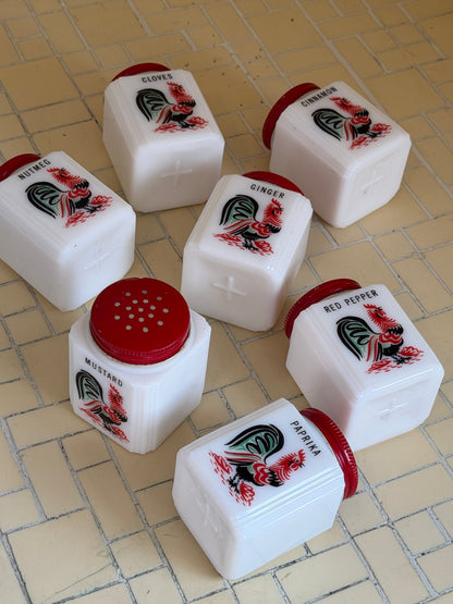 1930’ Milk Glass Mckee Tipp City 7-piece Red Rooster Spice Set