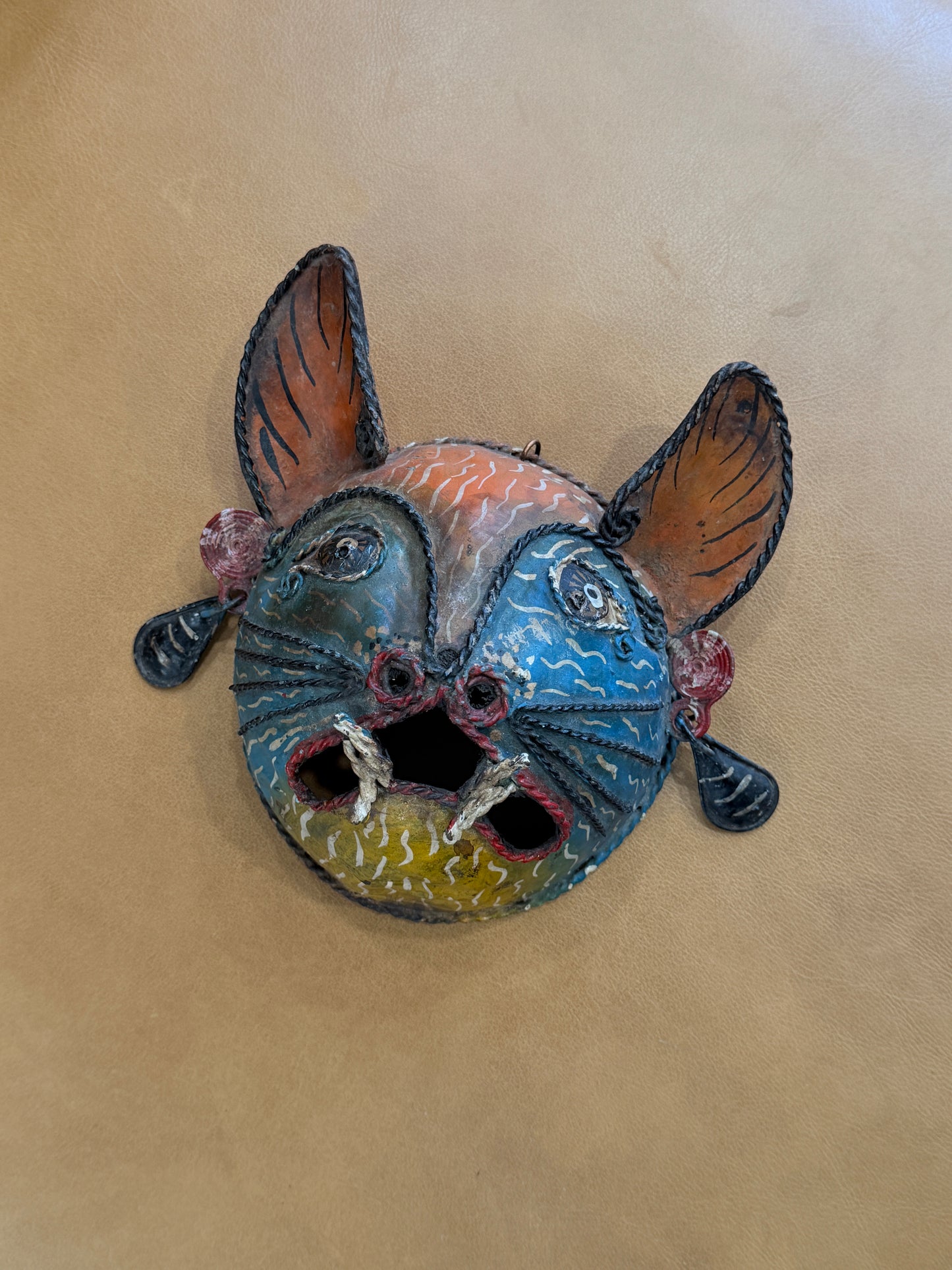 Rare 1910 Handcrafted Copper Guerrero Mexican Folk Art Bat Mask
