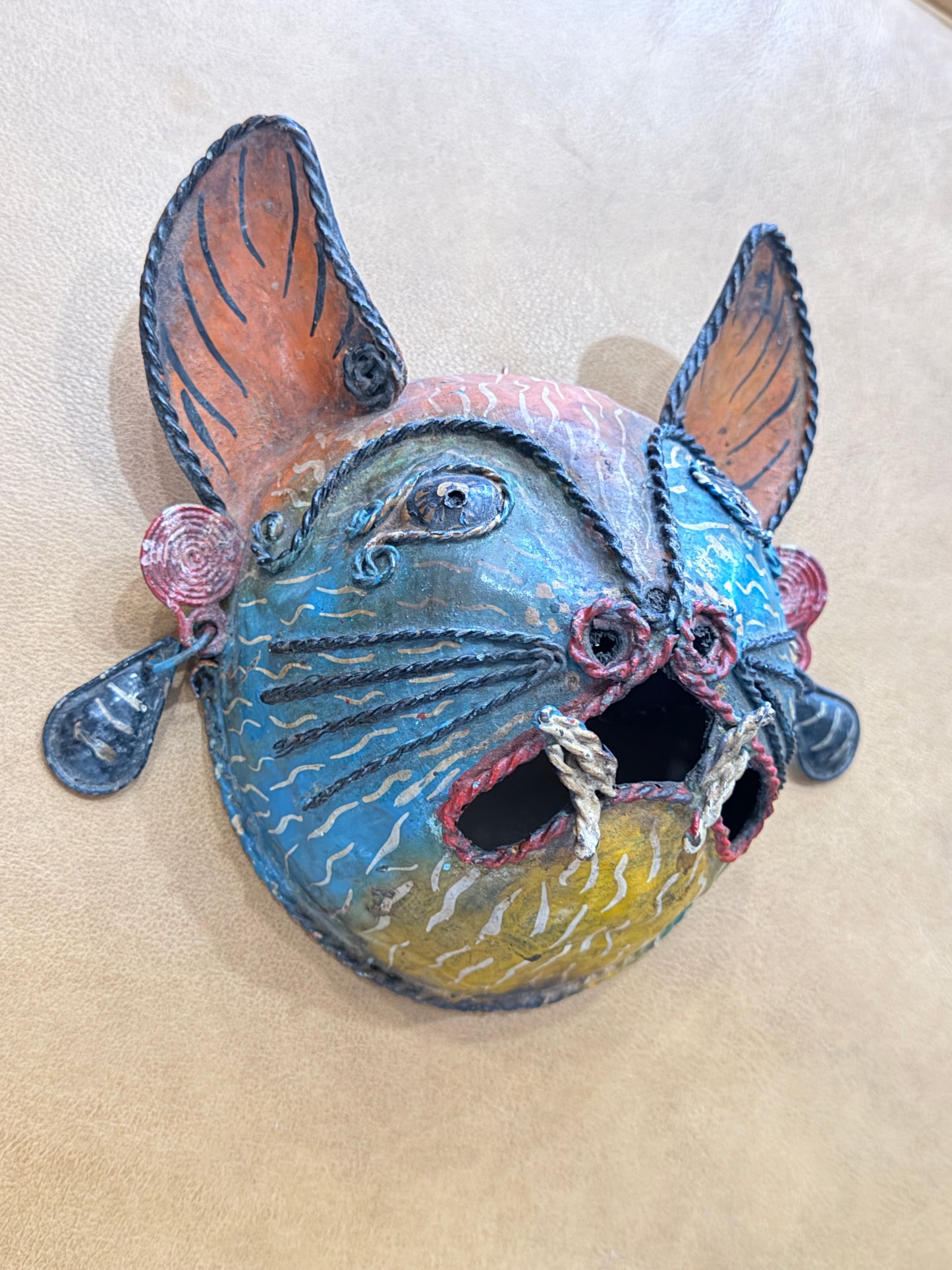 Rare 1910 Handcrafted Copper Guerrero Mexican Folk Art Bat Mask