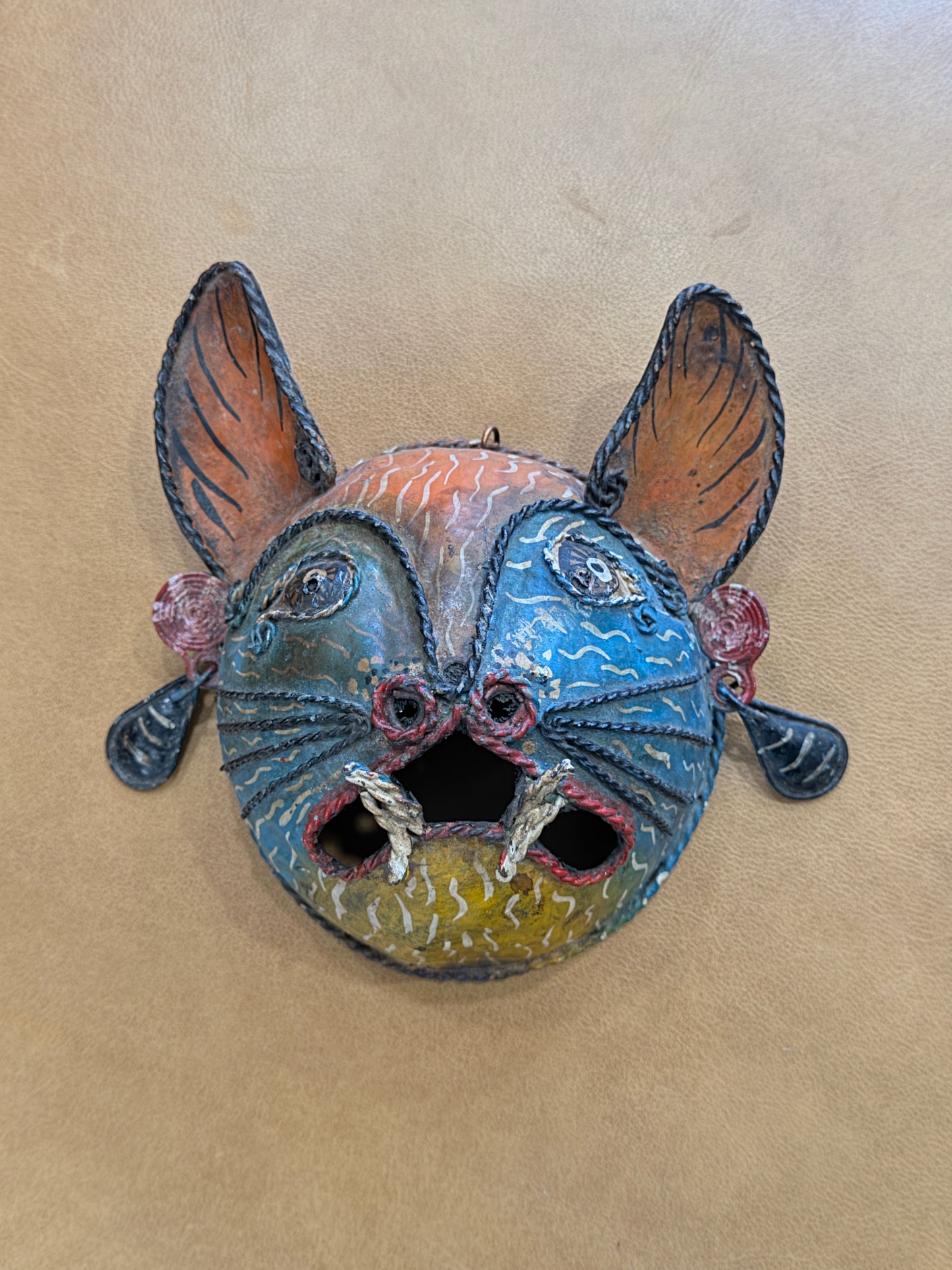 Rare 1910 Handcrafted Copper Guerrero Mexican Folk Art Bat Mask