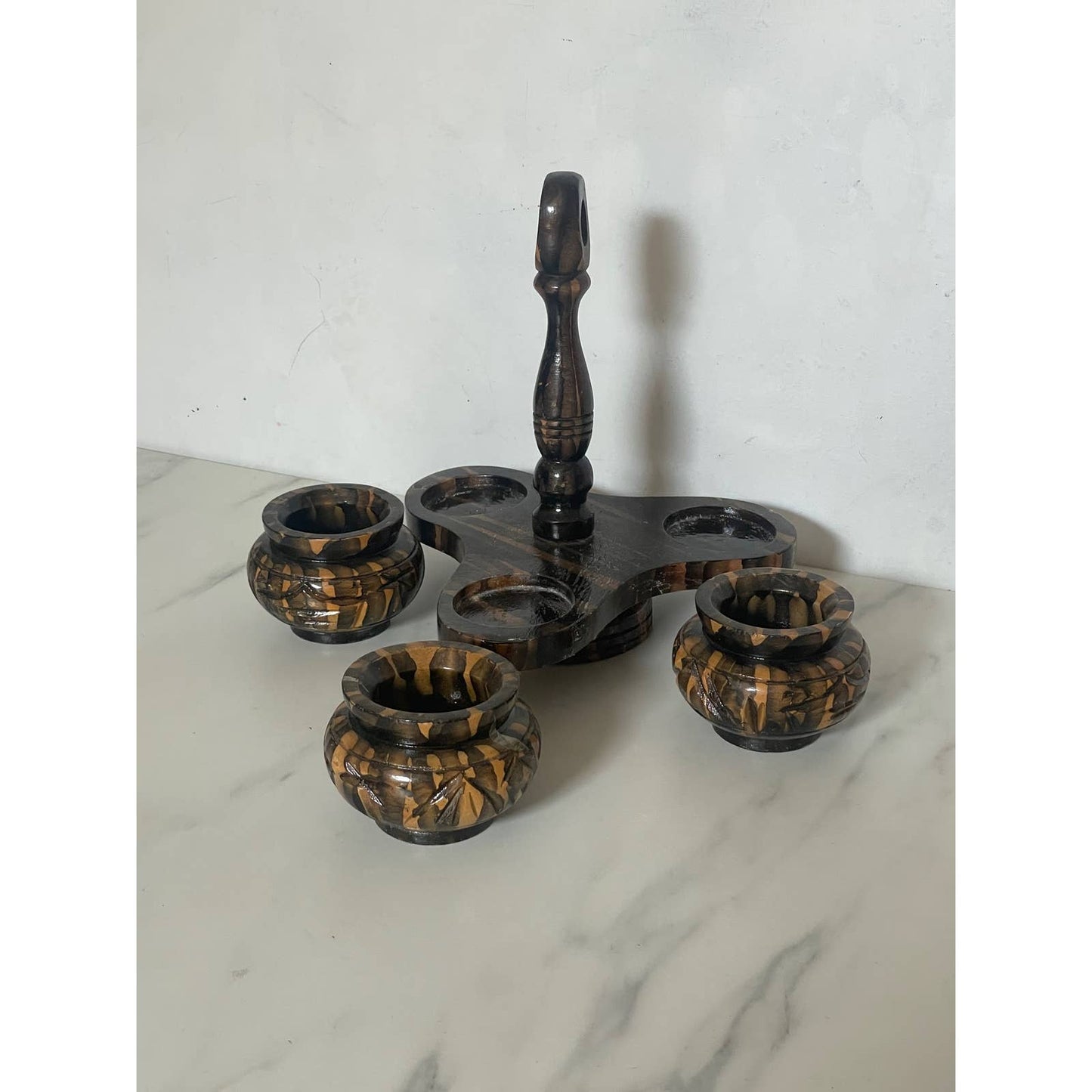 Zebra Wood Carved Spice Bowls on Lazy Susan Stand sold as set of 3