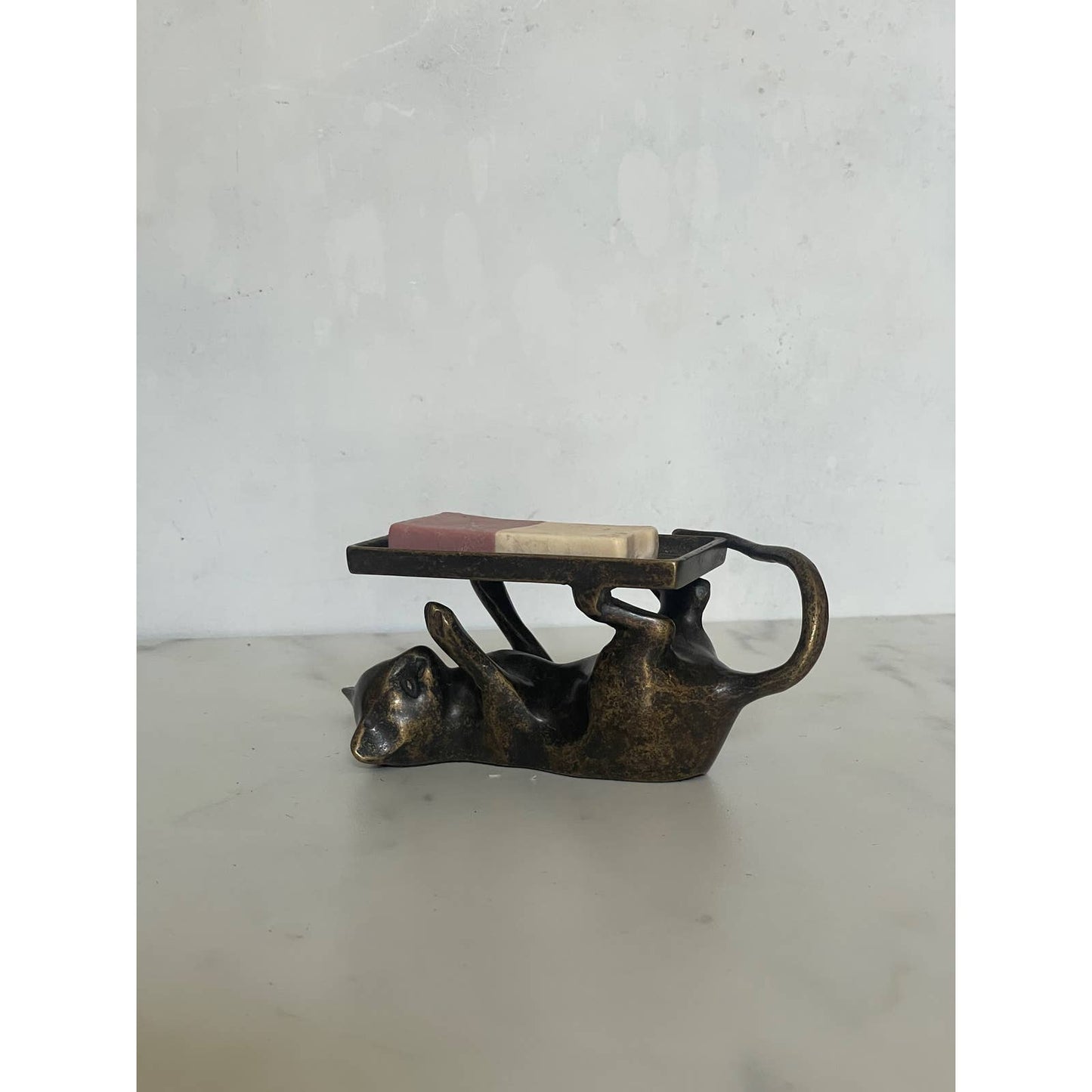 Bronzed Playful Cat Business Card Soap and Jewelry Holder