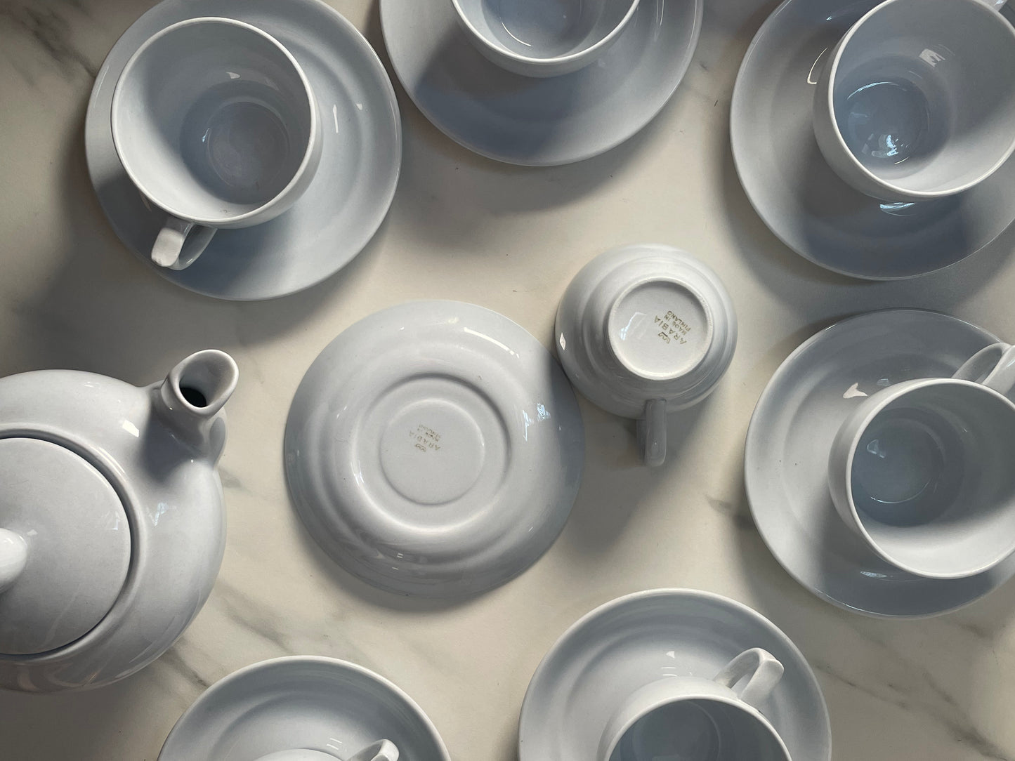 White Arabia Teapot with Seven Teacups & Saucers Set - Made in Finland