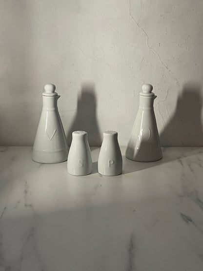 Porcelain Cruet set of olive oil, vinegar, salt and pepper shakers- sold as set