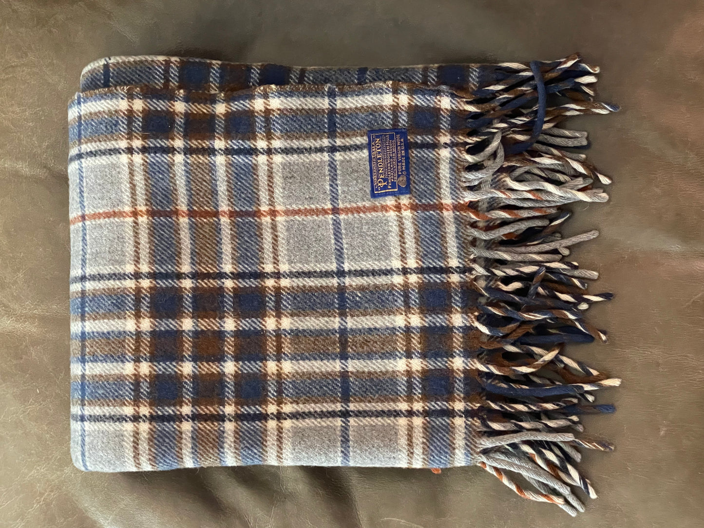Vintage Pendleton Blue & Brown Plaid Wool Blanket