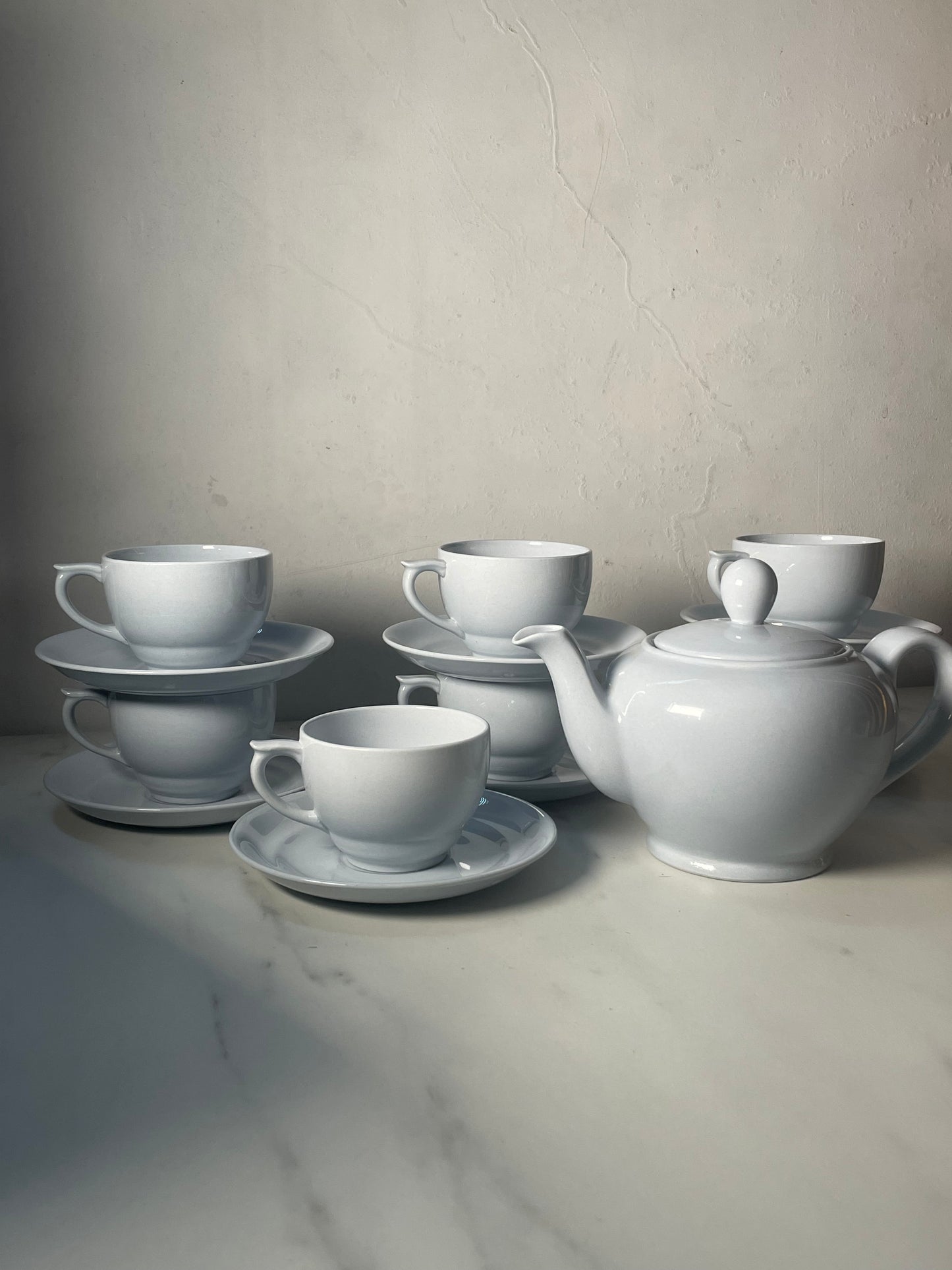 White Arabia Teapot with Seven Teacups & Saucers Set - Made in Finland