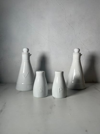 Porcelain Cruet set of olive oil, vinegar, salt and pepper shakers- sold as set