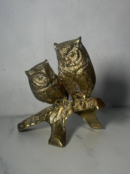 Vintage Pair of Brass Owls on Branch