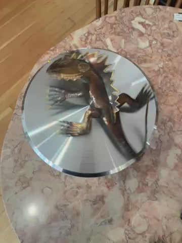Pair of Sculpted Metal Wall Scrawling Lizards with Painted Brass Details