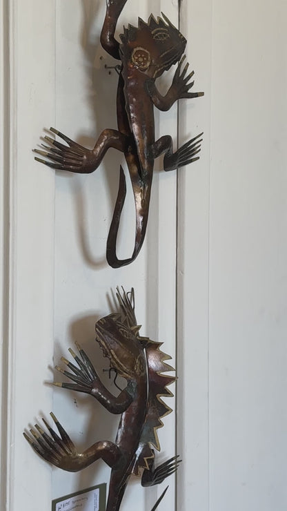 Pair of Sculpted Metal Wall Scrawling Lizards with Painted Brass Details