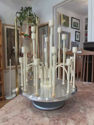 Vintage French Countryside White Metal 18 Head Candelabra with Glass Dry Vase Center