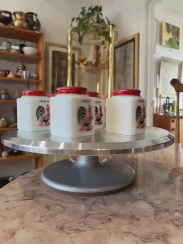 1930’s McKee Tipp City Milk Glasses 7 piece Red Rooster Spice Set
