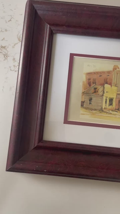 Watercolor Print of 1950’s market street Art in Maroon Frame