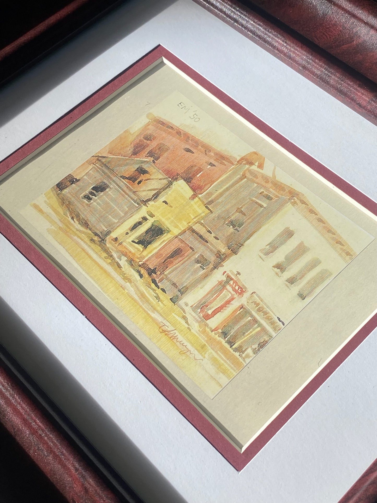 Watercolor Print of 1950’s market street Art in Maroon Frame